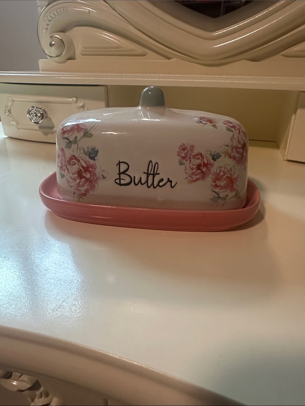 Floral Ceramic Butter Keeper with Pink Base